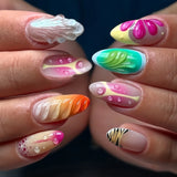 Qfdian  24pcs Aurora Pink Blue Fake Nail Tips 3D Seashells Pattern French Style Almond False Nails Women Girls Romantic Press On Nail