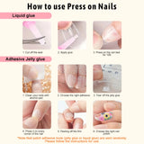 Qfdian  24Pcs Short Square Nude French Tip Press On Nails Set Reusable Acrylic Full Cover Fake Nail with Glue for Women&Girls Decoration