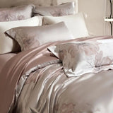 Qfdian Flower Jacquard Color Blocking Luxury Bedding Set Lyocell Cotton Soft Silky Duvet Cover Flat/Fitted Bed Sheet Pillowcases 4Pcs