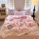 Qfdian  Korean Style Bedding Sets Pink Grid Bow Quilt Cover Romantic Bed Sheet Sets Woman Girls Bedroom Duvet Cover 4pcs