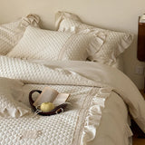 Qfdian  4Pcs Bedding Set Cotton Linen French Ruffles Quilted Duvet Cover With Bed Sheet Or Quilted Bedspread Pillowcases Home Textiles