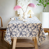 Qfdian Retro Small Flowers Rectangle Tablecloths Tassel Polyester Cotton Printed Table Covers for Living Room Kitchen Dining Decoration