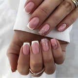 Qfdian  24pcs Glitter Short Square Fake Nails Sets Rhinestones French Design False Nail Tips Reusable Pink Press on Nails Tips Manicure