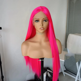 Qfdian Hot Pink Lace Front Wig Long Straight Hair Frontal Rose Red Synthetic Lace Wigs for Women Daily Glueless Natural Hairline