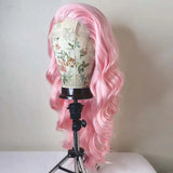 Qfdian Light Pastel Pink Lace Front Synthetic Frontal Wigs for Women Long Wavy Loose Wave Curly Hair Wig Daily Party Cosplay