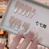 Qfdian  24Pcs Pink Almond Press-On Nails Glossy Sweety Heart Patterns False Nail Tips with Cat Eye, Mirror Disign for Women&Girls Wear