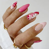 Qfdian 24Pcs Mid-length Stiletto Fake Nail with Jelly Glue Aurora Pure White Design Almond False Nails Wearable Oval Press on Nails
