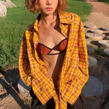 Qfdian  American HighStreet Yellow Checkered Tassel Shirt Women Clothing Autumn Blouse New Collection Top Vintage Casual Style Versatile