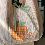 Qfdian Sweet Y2k Aesthetic Embroidery Tote Handbags Fashion Chic Kawaii Striped Underarm Bag Ins Office Lady Shoulder Canvas Bags Women