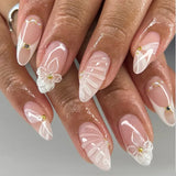 Qfdian 24pcs Mid-length Almond Press on Nails Sets Wearable Gradient Pink Flower Pearl Design False Nail French Fake Nail Finished Tips