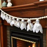 Qfdian  8 Ft Halloween Garland, Cute Ghost Banner with Wood Beads Decor Cute white ghost garland for rustic Halloween decor, wall, mant