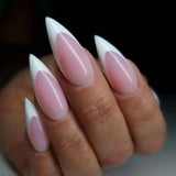 Qfdian 24Pcs Mid-length Stiletto Fake Nail with Jelly Glue Aurora Pure White Design Almond False Nails Wearable Oval Press on Nails
