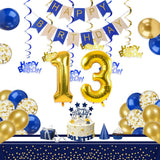 Qfdian  Royal Blue Gold 13th Birthday Decorations Happy Birthday Banner Swirls with Number 13 Foil Latex Balloon 13 Year Old Party Decor