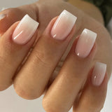 Qfdian 24Pcs Simple French Fake Nail with Gradient White Design Short Square Head False Nails Wearable Finished Manicure Press on Nails