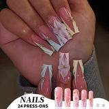 Qfdian 24Pcs Pure White French Press on Nails Long Square Head False Nails with Pearl Pink Bow Design Ballet Wearable Fake Nails