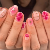 Qfdian  24pcs Sweet Pink Flower Press On Nails Glossy Short Almond Full Cover Stick-on Nails Gold Stripe Blush Artificial False Nails