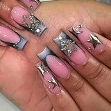 Qfdian  Y2K Star Press on Nails Gradient Black Fake Nails Medium Length Square False Nails Moon Designs for Women Girls Party Daily Use