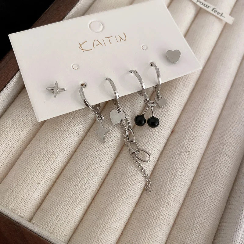 Asymmetric Love Heart Cherry Dangle Earrings Set Silver Color Elegant Set of Earrings 2024 Trend Girls Earring for Women jewelry