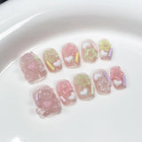 Qfdian  Size S Handmade Acrylic Press on Nails Short Square Round False Nails With Designs Ballet Sweet Cute Fake Nails With Glue