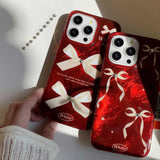 Qfdian Shiny red glacier antume winter phone case for iphone 14pro 13 16 12 14 15 pro max 13pro 15promax bowknot 3d plating bead cover