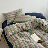 Qfdian  Korean Style Striped Bedding Set For Girls Boys Bed Linen Set Skin Friendly Fresh Printed Soft Duvet Cover Set Home Decorations