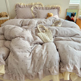 Qfdian  Korean Princess Style Bed Linen Set Bowknot Print Ruffles Duvet Cover Pillowcase Bedsheet Bedclothes Home Soft Bedding Set