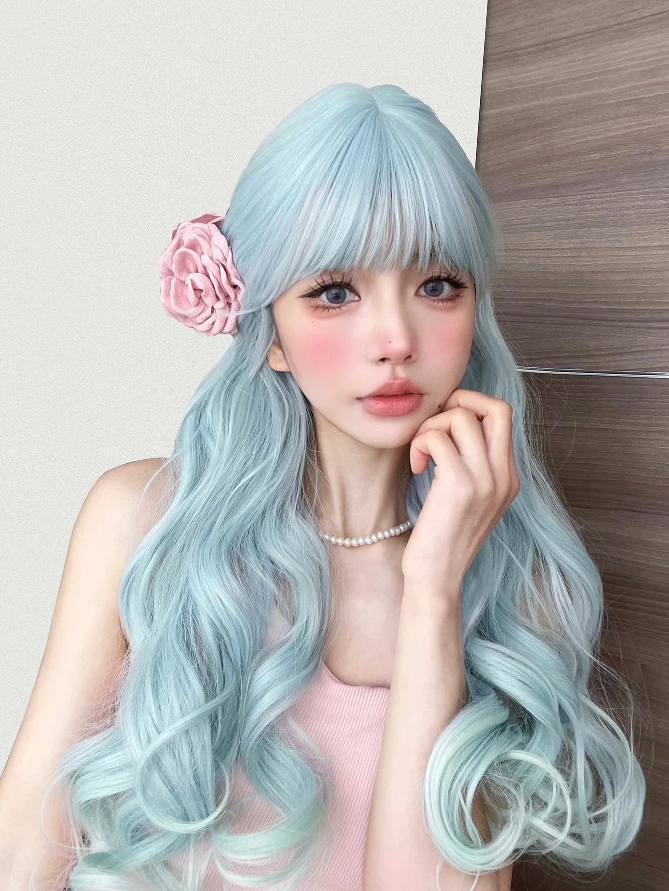 Qfdian 24Inch Sky Blue Refreshing Lolita Synthetic Wigs With Bang Long Natural Wavy Hair Wig For Women Daily Cosplay Heat Resistant