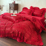 Qfdian  Red Tassel Design Lace Ruffles Princess Wedding Bedding Set Egyptian Cotton Duvet Cover Flat Bed Sheet Pillowcases 4Pcs
