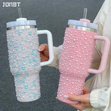 Qfdian  Diamond Thermos Cup With Handle 304 Stainless Steel Vacuum Flasks Portable Car Coffee Cup Insulated Thermal Water Bottles
