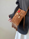 Qfdian Japanese Vintage Tassel Shoulder Bag Y2k Aesthetic Fashion Women Button Mini Cellphone Bags Casual Kawaii Ins Handbags Crossbody