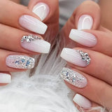 Qfdian 24Pcs Gradient Short Ballet Nails Set with Glue White Simple False Nails Coffin Fake Nail Press on Nails Full Cover Nail Tips