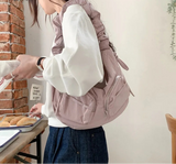 Qfdian Vintage Women Nylon Zipper Hobo Bag Streetwear All Match Y2k Aesthetic Ins Shoulder Bags Drawstring Pleated Handbags Crossbody