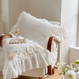 Qfdian 2Pcs Pink White Rose Embroidery Lace Ruffles Pillowcases Cotton Pillow Cover Sweet Princess Decor Bedroom Decorative Pillowslip