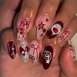 Qfdian  24pcs Sweet Cool Almond False Nails Y2k Red Ins Cherry Flower Bowknots Printed Press On Nails French Style Detachable Fake Nail