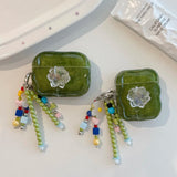 Qfdian  3D Flower Crystal Oil Painting Green Case For Airpods 4 anc keychain for airpods pro 1 2 3 Cover For Air Pods 3 Earphone Case