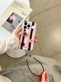 Qfdian Pink Stripe leather strap Bracelet Phone Case For Iphone 16ProMax 13 14 15 16 Pro Max 16Pro 15ProMax 15Pro 14Pro Cover Fundas