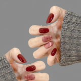 Qfdian 10 pcs Handmade French Press on Nails Oval Glitter Cat Eye Design Red False Nail Wearable False Nails Tips For Girls Women