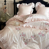 Qfdian Rose Flowers Embroidery Lace Ruffles Luxury Bedding Set 1000TC Egyptian Cotton Duvet Cover Set Flat/Fitted Bed Sheet Pillowcases
