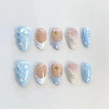 Qfdian  24pcs Pink Spring Summer Nail Art French Edge Fake Nails Sweet Pearl Star Shell False Nails 3D Flower Press on Nails Almond Nail
