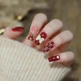 Qfdian 24Pcs Wearable Coffin Fake Nail Tips with Butterfly Camellia Designs Red Long Ballerina False Nails Press on Nails Art Manicure
