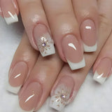 Qfdian  24Pcs Short Square Coffin False Nails Square Fake Nails with Glue French Glitter Wearable Acrylic Nails Set Press on Nail Tips