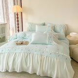 Qfdian  Korean Princess Style Lace Ruffles Rose Embroidery Wedding Bedding Set Duvet Cover Set Flat/Fitted Bed Sheet Pillowcases 4Pcs