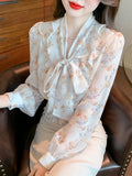 Qfdian  Floral Printed Blosue Women Office Ladies Bow Short Shirts Office Ladies Long Sleeve Elastic Waist Casual Chiffon Blouse Tops
