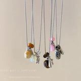 Qfdian Korean Colorful Stones Geometric Pendant Necklace for Women Simple Metal Grape Cluster Clavicle Chain Sweater Chain Jewelry Gift