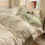 Qfdian Princess Style Lace Ruffles 100% Cotton Bedding Set Floral Pastoral Style Duvet Cover Flat/Fitted Bed Sheet Pillowcases 3/4Pcs
