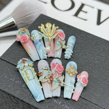 Qfdian 10Pcs High Quality Handmade Press on Nails Carved Retro Lace Rhinestone Full Setting Laser Glitter Stick-on Nail Art Retro Briti
