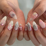 Qfdian  24pcs Finished False Nail Flower Design Short Almond Nails Set Press on Rhinestone Pink Fake Nail Datachable Golden Bow Manicure