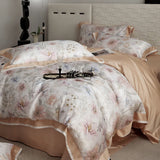 Qfdian Floral Plant Print Color Blocking Bedding Set Lyocell Bamboo Fiber Soft Silky Duvet Cover Flat/Fitted Bed Sheet Pillowcases 4Pcs