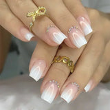 Qfdian 24Pcs Nude White French Fake Nail Short Square Nail Tips Fashion Wearable False Nails with Glue Simple Full Cover Press on Nails