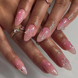 Qfdian  24pcs Press on Fake Nails Set Almond Wearable Simple French Flower False Nail Art Gold Beads Design Diamond Manicure Tips